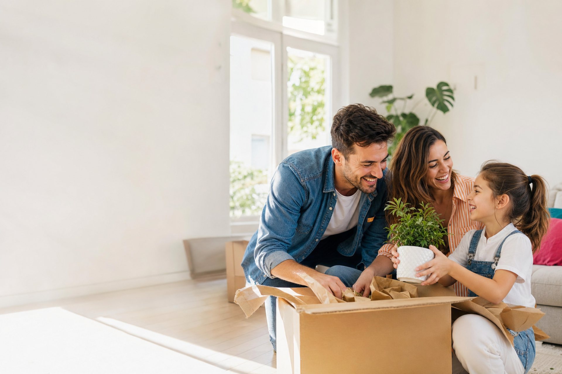 Una famiglia felice nella sua nuova casa luminosa